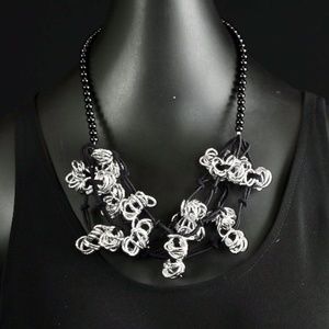 Silver Metal Elastic & Fabric Necklace